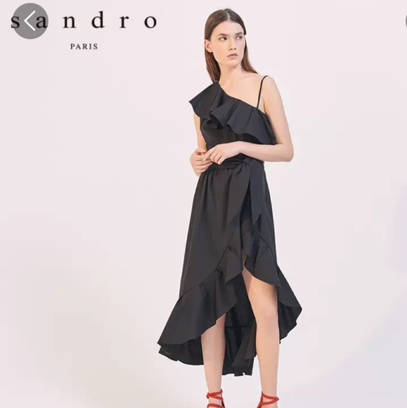sandro one shoulder dress SANDRO Ruffled one shoulder black dress
